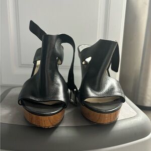 Michael Kors high heel wedges, black leather upper, size 5 w/buckle